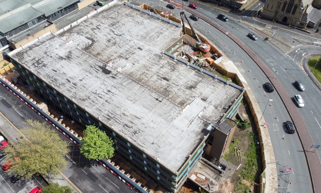 Demolition view from above as Market Hall multi-storey car park comes down