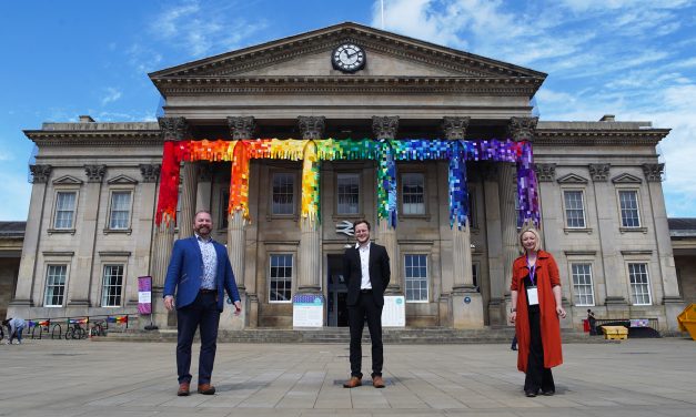 Former Great British Sewing Bee star Stuart Hillard unveils yarn bombing of Huddersfield Railway Station