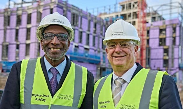 Son’s pride at topping out ceremony for University of Huddersfield’s Daphne Steele Building