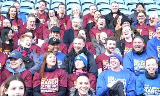 Marcus Stewart and the March of the Day MND fundraisers stop off at the John Smith’s Stadium