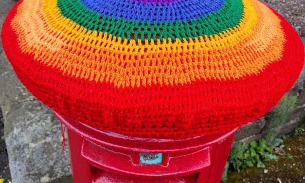 Colne Valley Yarn Banksy celebrates Pride and the life of Jo Cox MP with crocheted postbox toppers